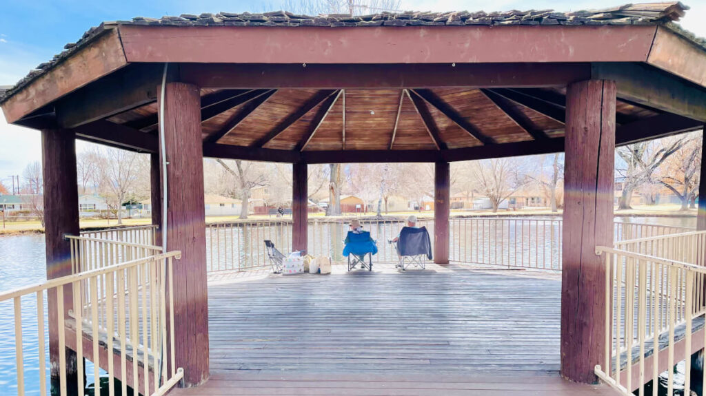 Bishop City Park accessible pier and gazebo over the large pond.