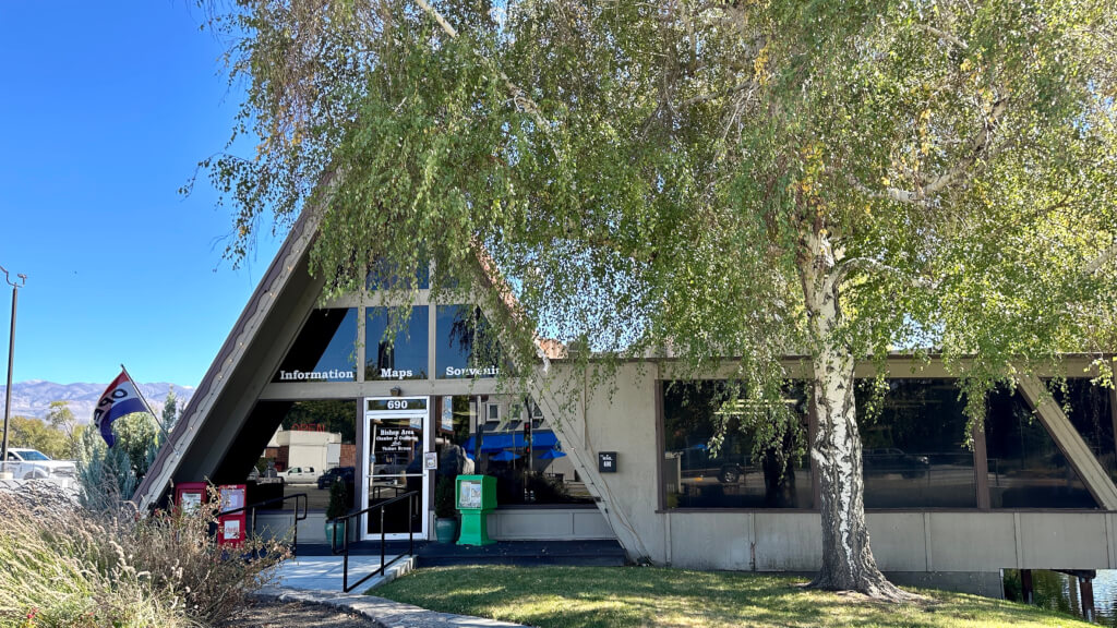 Bishop Information Center, A-frame building, in Bishop City Park.