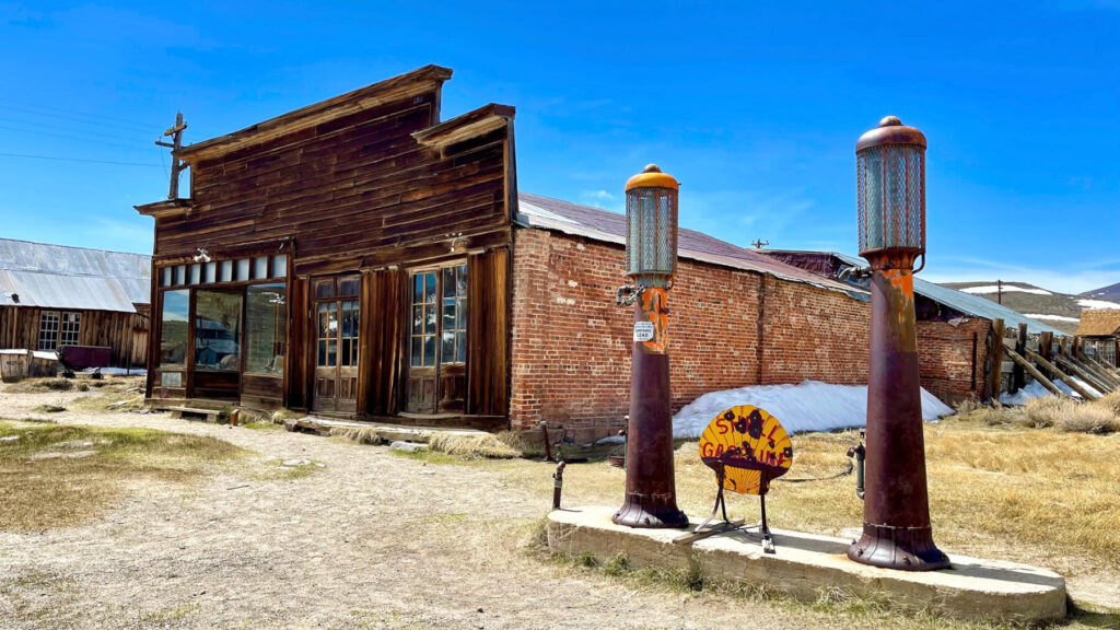 Eastern Sierra ghost town, Bodie State Historic Park, general store and old gas pumps still stand in a state of arrested decay. Photo Wim Aarts.