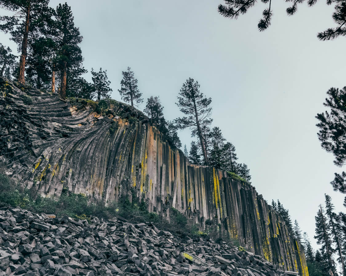 Huge buttress of columnar basalt at Devils Postpile near Mammoth Lakes.