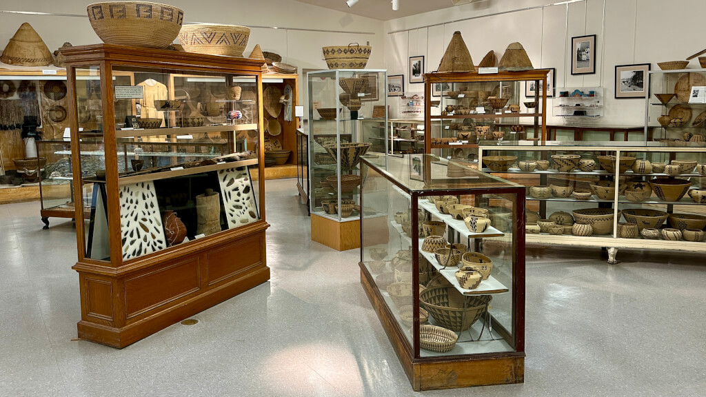 Native American basketry on display at the Eastern California Museum.