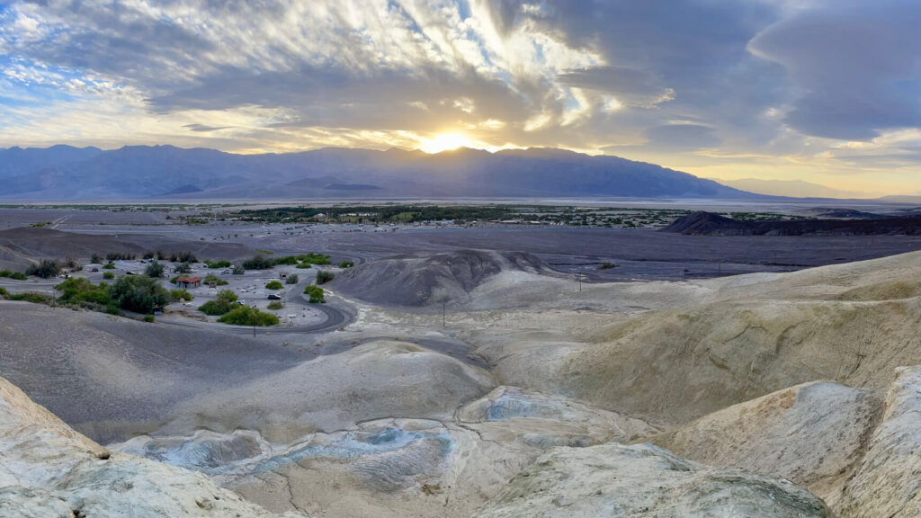 View of Furnace Creek in Death Valley from the parched badlands nearby.