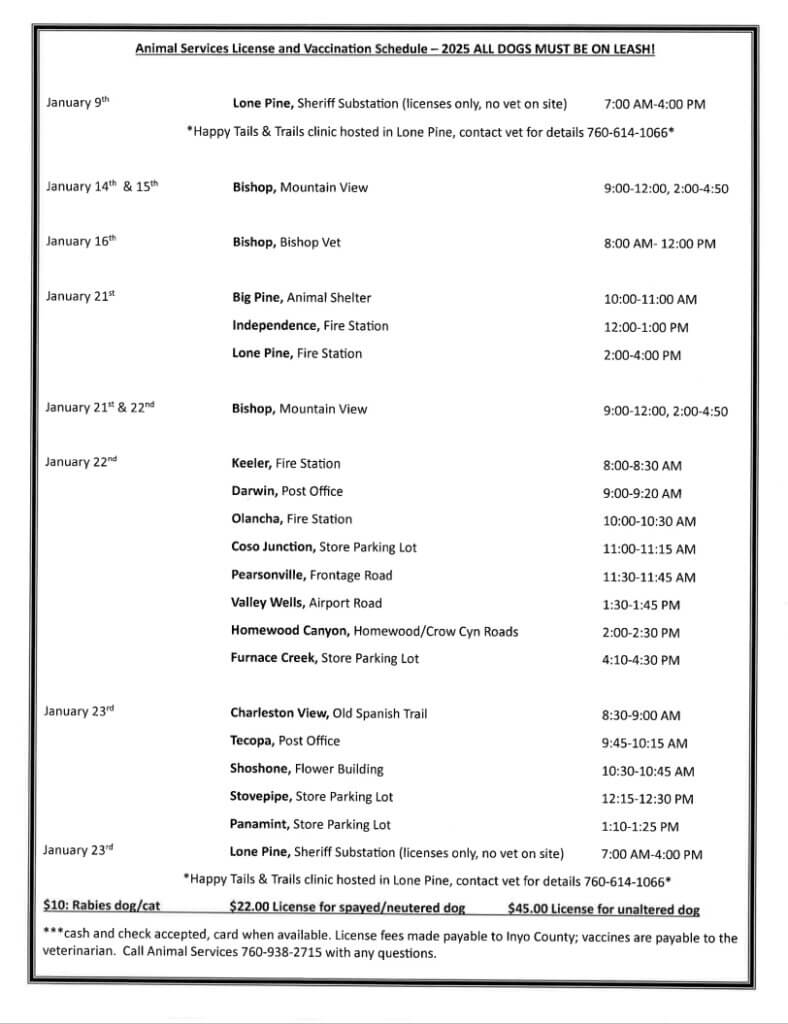 Inyo County Animal Shelter Vaccine Clinics Jan 2025 poster