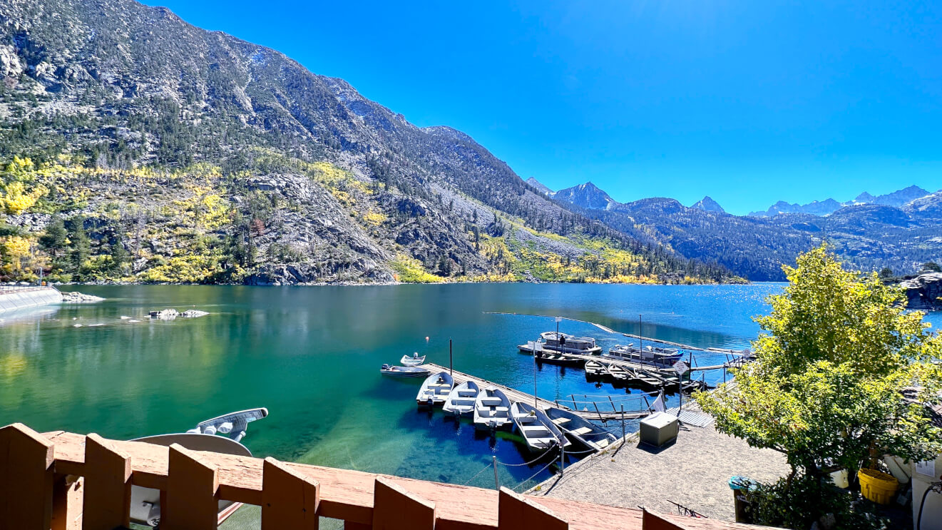 Lake Sabrina, in Bishop Creek Canyon, in fall. View of the boat dock from the lakeside cafe.