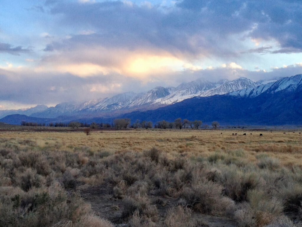 View of the Sierra Nevada in winter from the base of the White Mountains near Bishop.