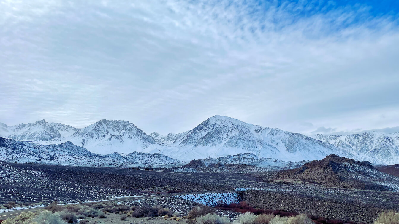 View of snow covered Sierra Nevada from CA-168 E. from above Starlite, near Bishop.