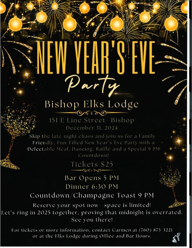 New Year's Eve Party at Elks Lodge in Bishop, party poster.