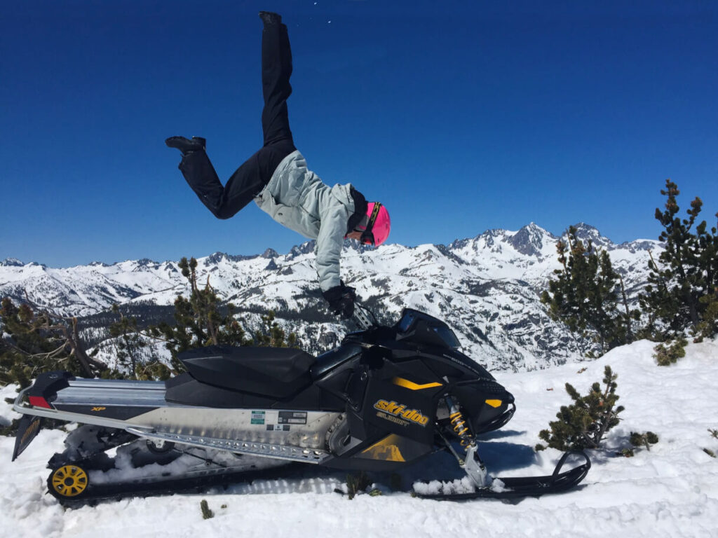 A snowmobile ride to Minaret Vista a reason to jump for joy.