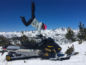 A snowmobile ride to Minaret Vista a reason to jump for joy.